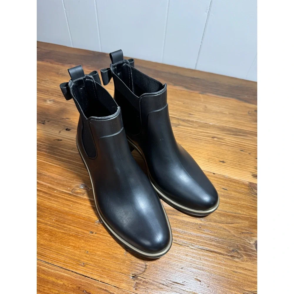 Kate Spade Edimburg Rain Boots Women 8 Black Gold Trim Bow Chelsea Ankle Boot
